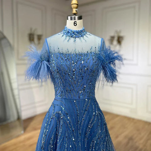 2025 Arabic blue A Line Short Sleeveless Luxury Evening Dresses Beaded Feathers For Women Wedding Party LA72351