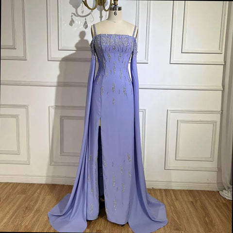 Lilac Mermaid Evening Dress with Cape Sleeves Luxury Wedding Party Gowns LA72407