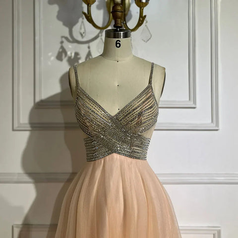 2025 Arabic peach Elegant Spaghetti Strap Beaded A-Line Prom Dress for Women | Wedding Party LA72629
