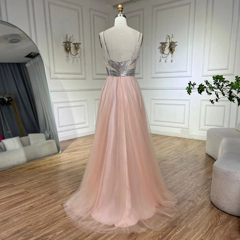 2025 Arabic peach Elegant Spaghetti Strap Beaded A-Line Prom Dress for Women | Wedding Party LA72629