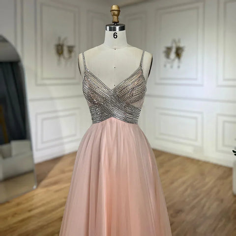2025 Arabic peach Elegant Spaghetti Strap Beaded A-Line Prom Dress for Women | Wedding Party LA72629