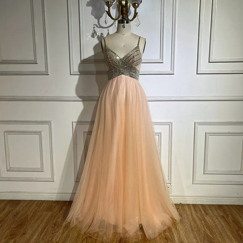 2025 Arabic peach Elegant Spaghetti Strap Beaded A-Line Prom Dress for Women | Wedding Party LA72629