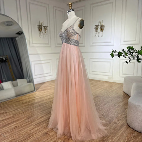 2025 Arabic peach Elegant Spaghetti Strap Beaded A-Line Prom Dress for Women | Wedding Party LA72629