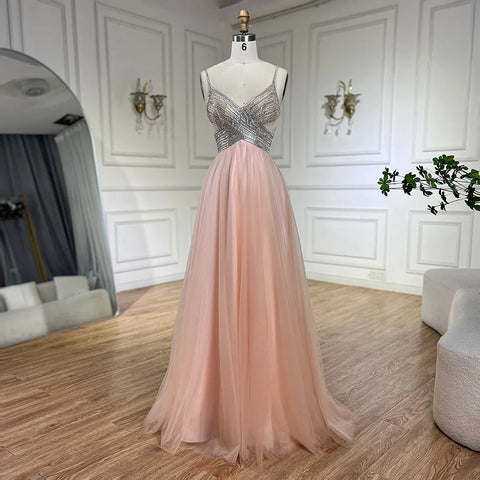 2025 Arabic peach Elegant Spaghetti Strap Beaded A-Line Prom Dress for Women | Wedding Party LA72629