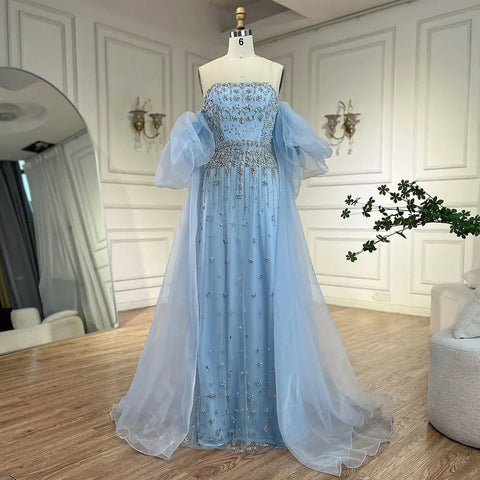 2025 Black Beaded Mermaid Evening Dresses Gowns with Puff Sleeves Overskirt for Formal Occasion LA72002