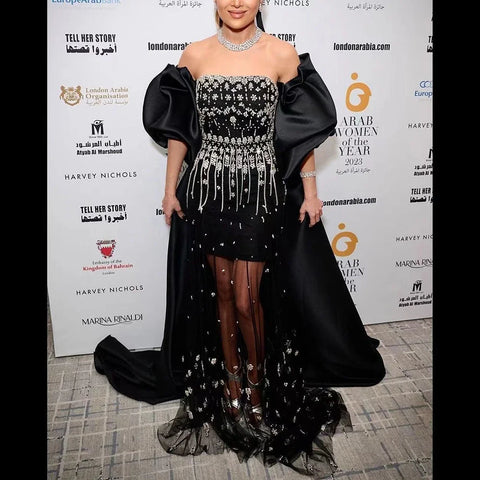 2025 Black Beaded Mermaid Evening Dresses Gowns with Puff Sleeves Overskirt for Formal Occasion LA72002