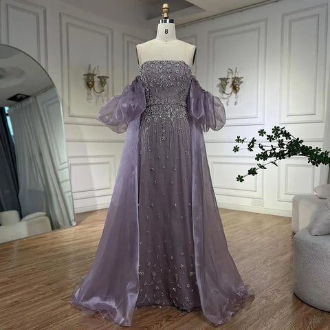 2025 Black Beaded Mermaid Evening Dresses Gowns with Puff Sleeves Overskirt for Formal Occasion LA72002