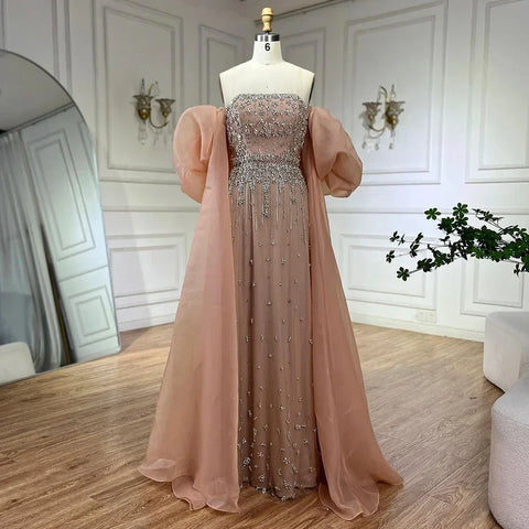 2025 Black Beaded Mermaid Evening Dresses Gowns with Puff Sleeves Overskirt for Formal Occasion LA72002