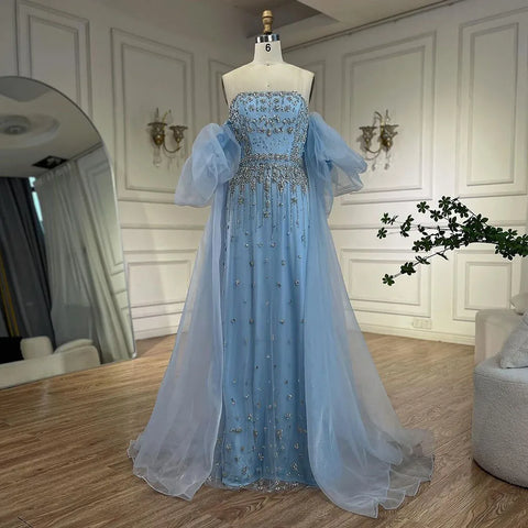 2025 Black Beaded Mermaid Evening Dresses Gowns with Puff Sleeves Overskirt for Formal Occasion LA72002