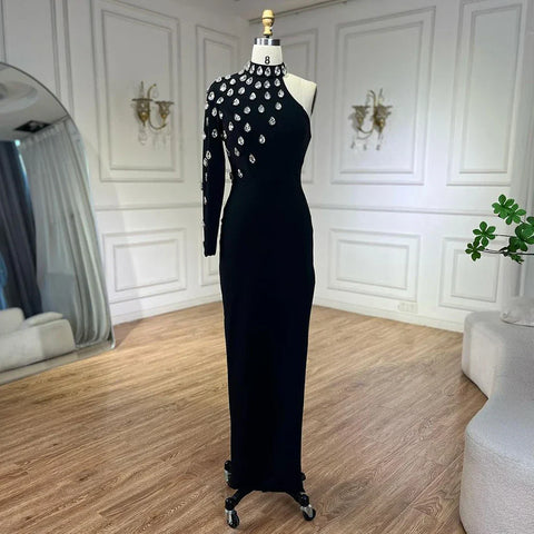 2025 Black One Shoulder Elegant Split Side with Crystal Beaded Mermaid Evening Dress Gowns for Women's Party LA72371