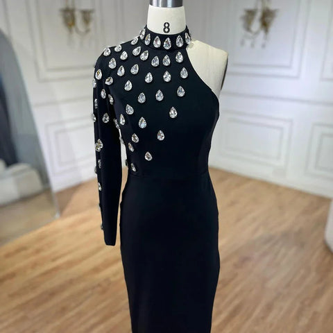 2025 Black One Shoulder Elegant Split Side with Crystal Beaded Mermaid Evening Dress Gowns for Women's Party LA72371