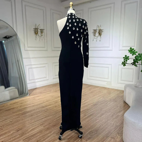 2025 Black One Shoulder Elegant Split Side with Crystal Beaded Mermaid Evening Dress Gowns for Women's Party LA72371