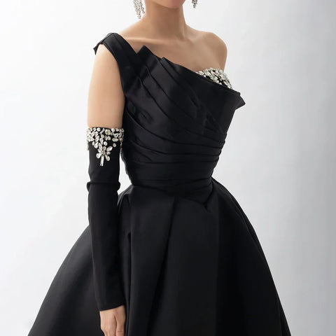 2025 Black One Shoulder Satin A Line Beaded Evening Gown with Sleevelets for Women's Party Saudi Dress LA72741