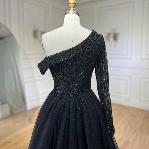 2025 Black One-Shoulder With Overskirt Luxury Beaded  Formal Occasion Evening Dresses Gowns for Women Party LA72424A