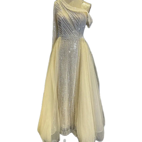 2025 Black One-Shoulder With Overskirt Luxury Beaded  Formal Occasion Evening Dresses Gowns for Women Party LA72424A