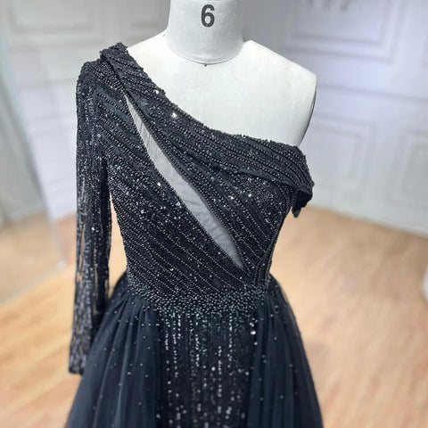 2025 Black One-Shoulder With Overskirt Luxury Beaded  Formal Occasion Evening Dresses Gowns for Women Party LA72424A