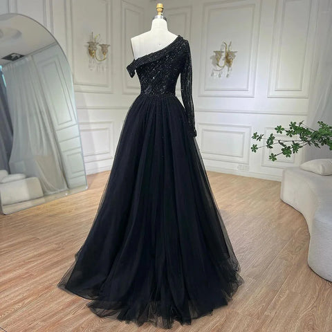 2025 Black One-Shoulder With Overskirt Luxury Beaded  Formal Occasion Evening Dresses Gowns for Women Party LA72424A