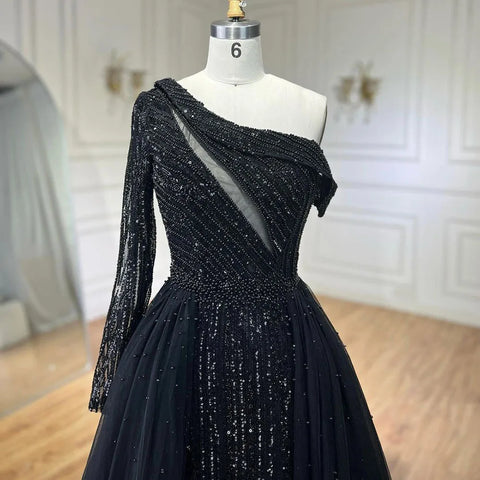 2025 Black One-Shoulder With Overskirt Luxury Beaded  Formal Occasion Evening Dresses Gowns for Women Party LA72424A