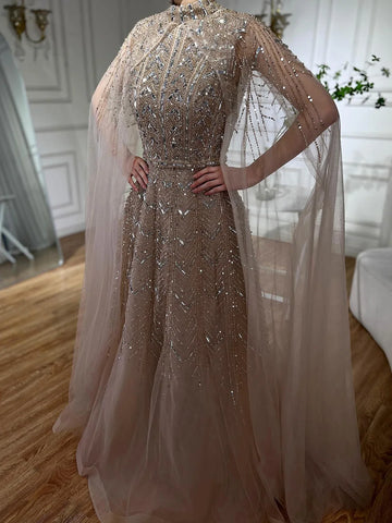 Blue Beaded A-Line Evening Dress Gown with Cape Sleeves LA72728