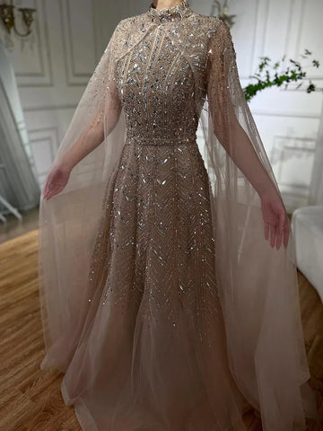 Blue Beaded A-Line Evening Dress Gown with Cape Sleeves LA72728