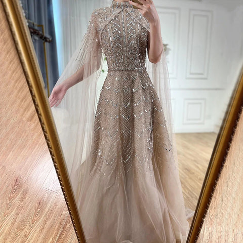 Blue Beaded A-Line Evening Dress Gown with Cape Sleeves LA72728