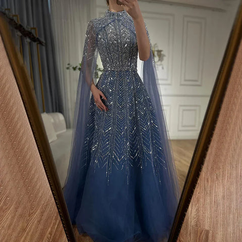 Blue Beaded A-Line Evening Dress Gown with Cape Sleeves LA72728