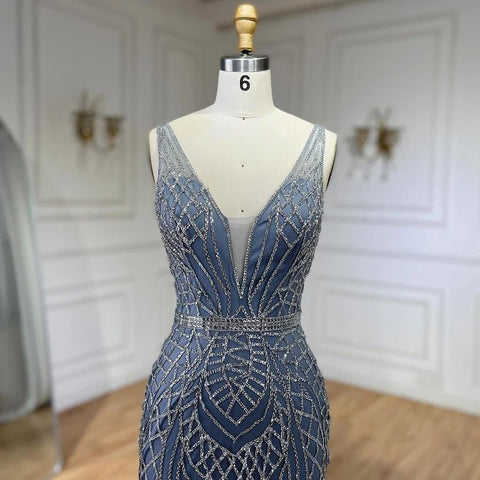 2025 Blue Mermaid Elegant Spaghetti Straps Beaded Luxury Evening Dresses Gowns for Woman Wedding Party LA72450