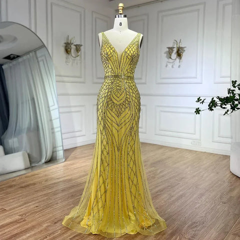 2025 Blue Mermaid Elegant Spaghetti Straps Beaded Luxury Evening Dresses Gowns for Woman Wedding Party LA72450