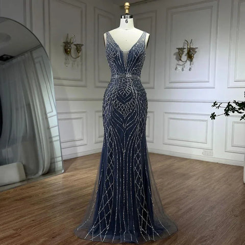 2025 Blue Mermaid Elegant Spaghetti Straps Beaded Luxury Evening Dresses Gowns for Woman Wedding Party LA72450
