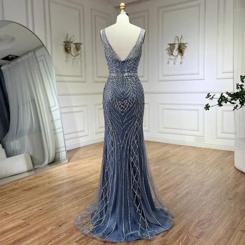 2025 Blue Mermaid Elegant Spaghetti Straps Beaded Luxury Evening Dresses Gowns for Woman Wedding Party LA72450