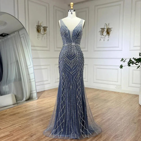 2025 Blue Mermaid Elegant Spaghetti Straps Beaded Luxury Evening Dresses Gowns for Woman Wedding Party LA72450