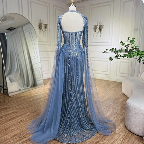 2025 Blue Mermaid Evening Gowns Luxury Beaded High Split Cape Sleeves Long Dresses for Women's Wedding Party LA72312
