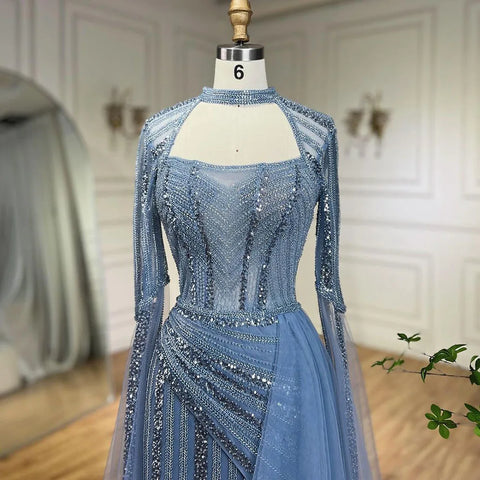 2025 Blue Mermaid Evening Gowns Luxury Beaded High Split Cape Sleeves Long Dresses for Women's Wedding Party LA72312