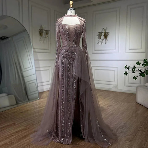 2025 Blue Mermaid Evening Gowns Luxury Beaded High Split Cape Sleeves Long Dresses for Women's Wedding Party LA72312