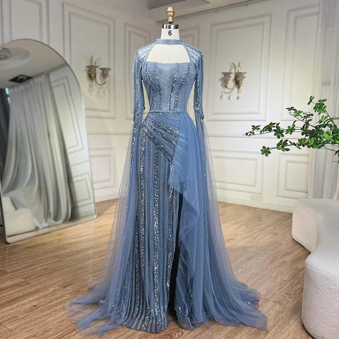 2025 Blue Mermaid Evening Gowns Luxury Beaded High Split Cape Sleeves Long Dresses for Women's Wedding Party LA72312