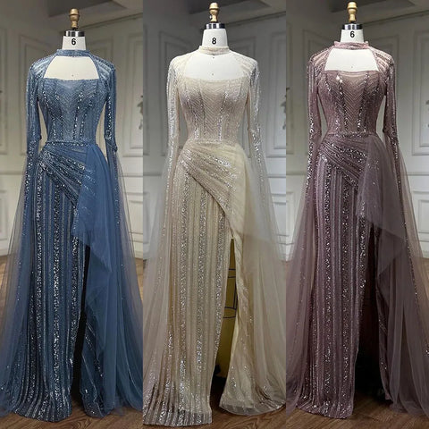 2025 Blue Mermaid Evening Gowns Luxury Beaded High Split Cape Sleeves Long Dresses for Women's Wedding Party LA72312