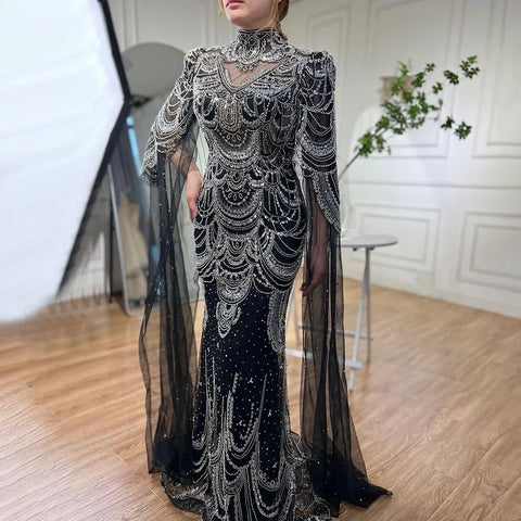 Green Luxury Dubai Mermaid Evening Dresses with Cape Sleeves LA72033