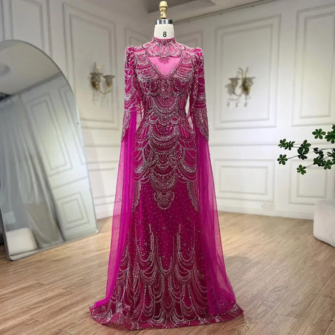 Green Luxury Dubai Mermaid Evening Dresses with Cape Sleeves LA72033