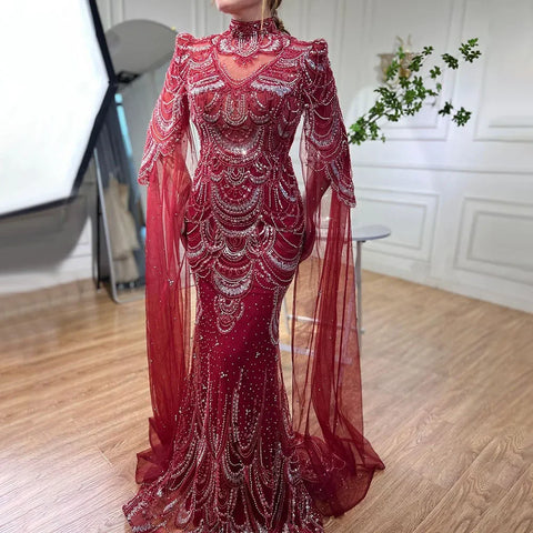 Green Luxury Dubai Mermaid Evening Dresses with Cape Sleeves LA72033