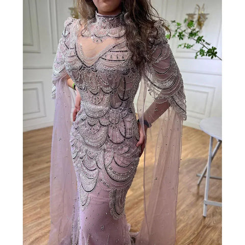 Green Luxury Dubai Mermaid Evening Dresses with Cape Sleeves LA72033