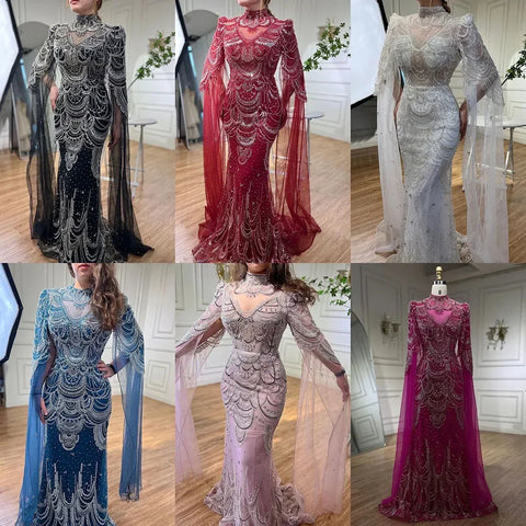 Green Luxury Dubai Mermaid Evening Dresses with Cape Sleeves LA72033