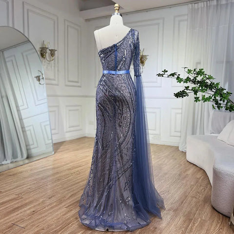 2025 Blue Mermaid One Shoulder Elegant Cape Sleeve Beaded Evening Dresses Gowns For Women Wedding Party LA72294