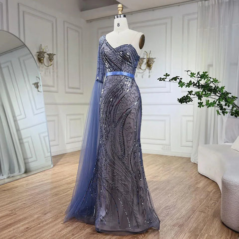 2025 Blue Mermaid One Shoulder Elegant Cape Sleeve Beaded Evening Dresses Gowns For Women Wedding Party LA72294