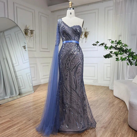 2025 Blue Mermaid One Shoulder Elegant Cape Sleeve Beaded Evening Dresses Gowns For Women Wedding Party LA72294