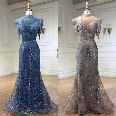 2025 Blue Mermaid Pink Elegant Beaded Short Tassel Luxury Evening Dresses Gowns for Woman Wedding Party LA72417