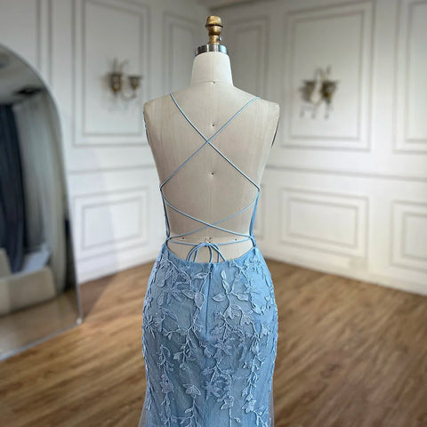 2025 Blue Mermaid Spaghetti Strap Beaded Luxury Evening Gown with Lace-Up Back for Women's Wedding Party LA72624