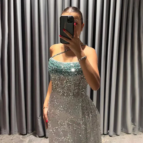 2025 Blue Mermaid Spaghetti Strap High Split Beaded Luxury Evening Dresses Gowns for Women Wedding Party LA72434