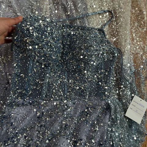 2025 Blue Mermaid Spaghetti Strap High Split Beaded Luxury Evening Dresses Gowns for Women Wedding Party LA72434