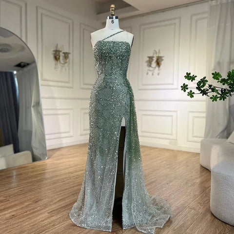 2025 Blue Mermaid Spaghetti Strap High Split Beaded Luxury Evening Dresses Gowns for Women Wedding Party LA72434