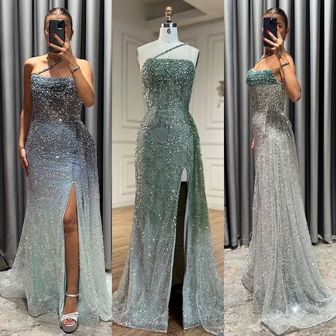 2025 Blue Mermaid Spaghetti Strap High Split Beaded Luxury Evening Dresses Gowns for Women Wedding Party LA72434